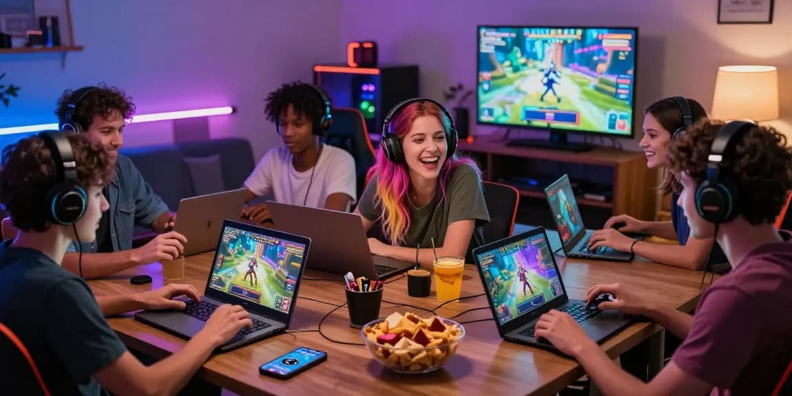 Group enjoying free sex games online on laptops and smartphones in a lively gaming atmosphere.