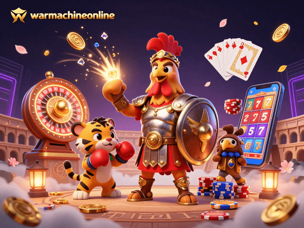Engaging casino scene showcasing warmachineonline with gladiator rooster, tiger cub, and golden rewards.
