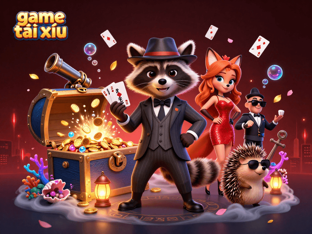 Engage in the thrilling game tài xỉu with dynamic characters and treasure elements in an ultra-detailed casino scene.