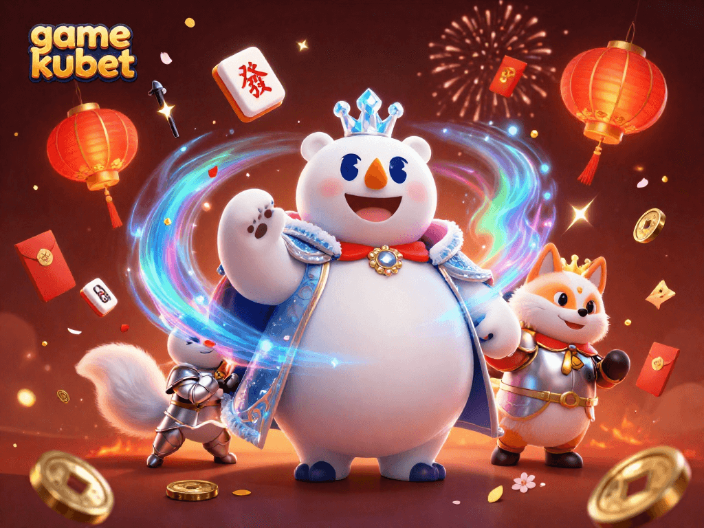 Engage with game kubet showcasing a vibrant casino scene with festive elements and characters.