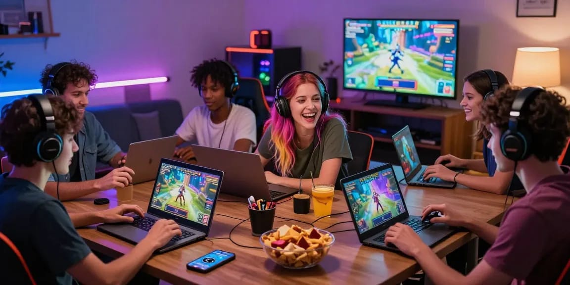 Group enjoying free sex games online on laptops and smartphones in a lively gaming atmosphere.