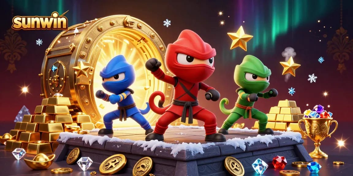 Engage in thrilling casino action with the sunwin ninja chameleon team surrounded by treasures.