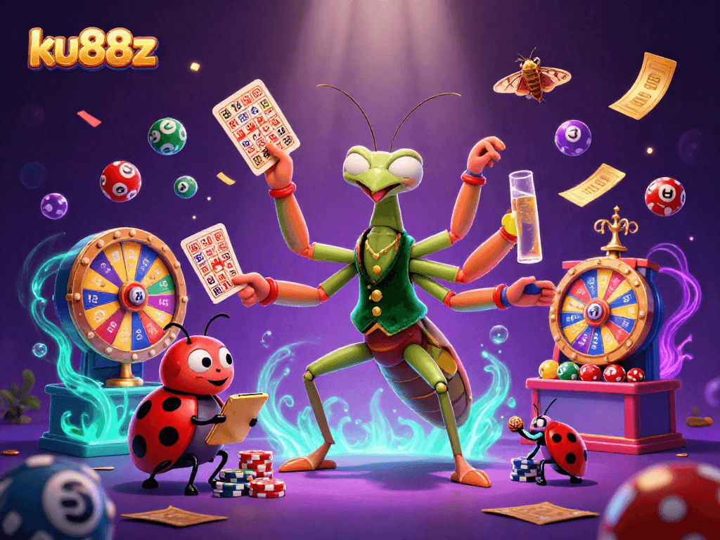 ku88z showcases a vibrant casino scene with a giant mantis dealer, ladybug pit boss, and spinning lottery elements.