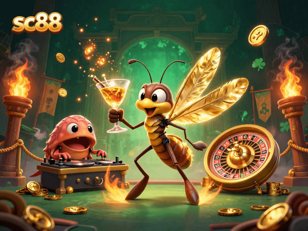 Experience thrilling action at sc88, where a frozen mosquito mascot and trilobite DJ create a vibrant casino atmosphere.