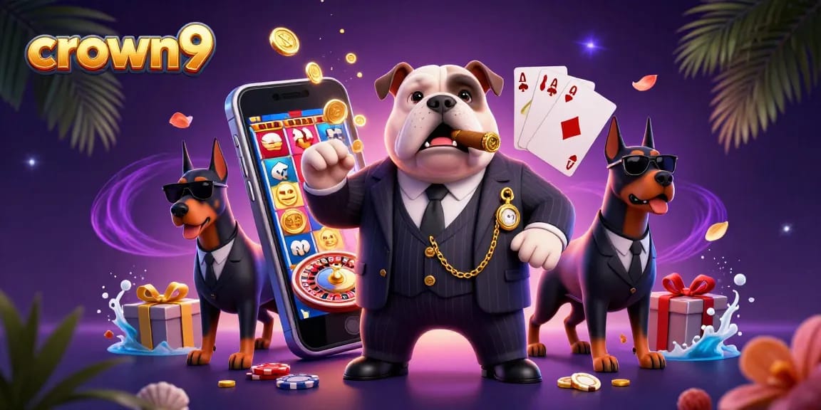 Crown9 casino showcasing a playful mafia bulldog and Doberman bodyguards amidst dynamic gaming elements.