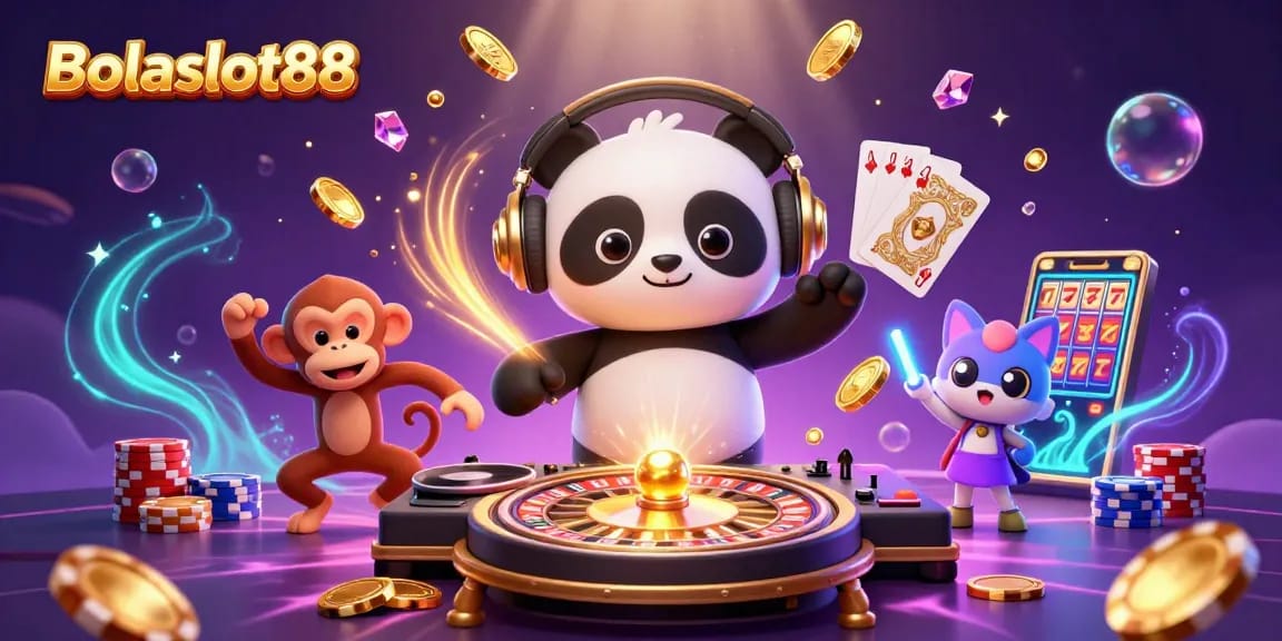Experience the excitement of Bolaslot88 with dynamic games and vibrant casino elements in this engaging digital illustration.