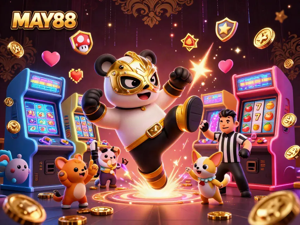 MAY88 engages players in a vibrant casino atmosphere with a cartoon panda wrestler and colorful gaming elements.