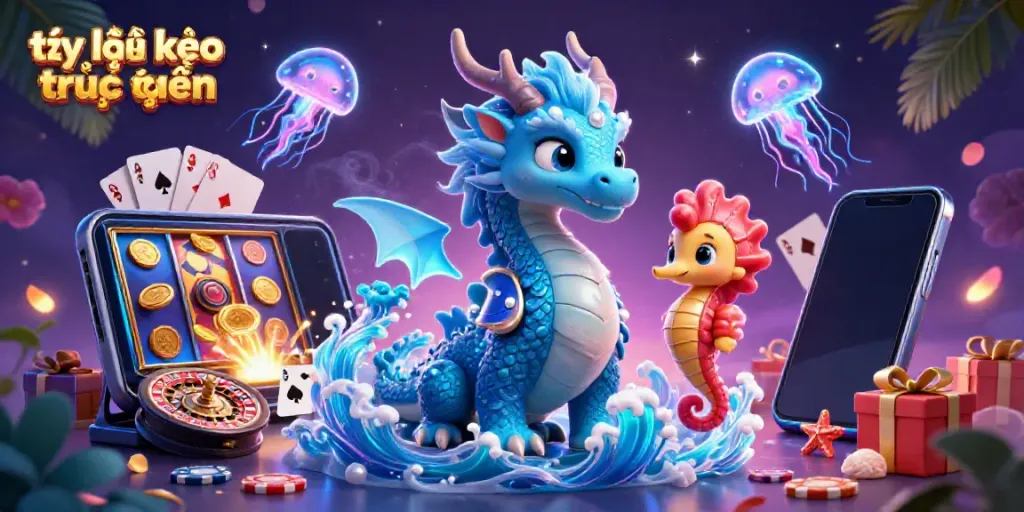 Join the action in tỷ lệ kèo trực tuyến with a vibrant underwater scene featuring a dragon, seahorse knight, and slot games.
