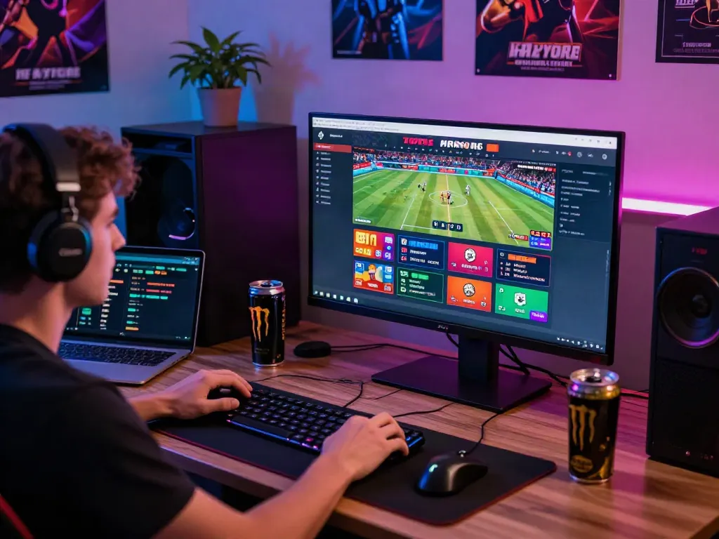 Engaged user on man88 gaming website with vibrant sports and casino interface