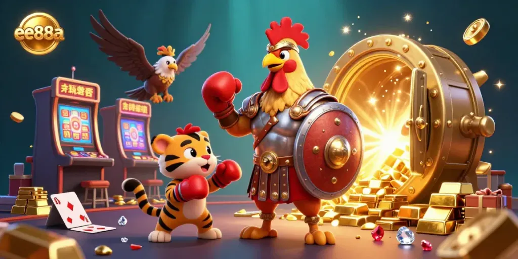 Engage in thrilling gameplay with ee88a, featuring a gladiator rooster, slots, and dazzling treasures.