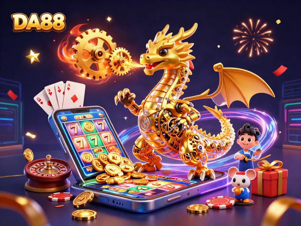 Experience the allure of DA88 with a golden dragon and vibrant casino games all in one thrilling scene.