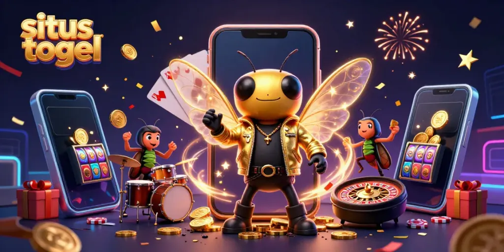 Situs togel-themed dynamic scene with a cicada rock star, beetle drummer, and vibrant casino elements.
