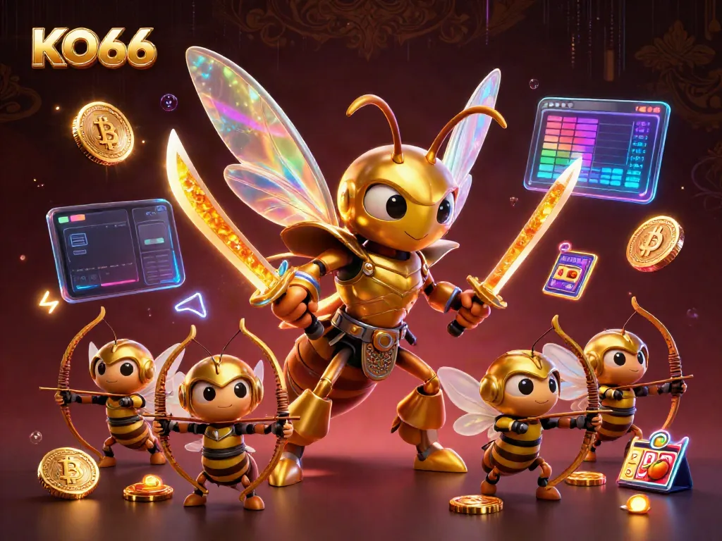 Experience thrilling action at KO66 with a vibrant 3D casino scene featuring unique animated characters and cryptocurrency elements.