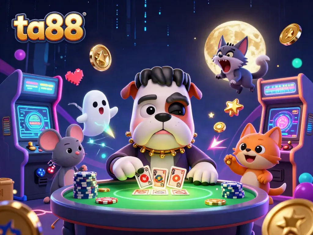 Engage with ta88's thrilling casino experience as a bulldog monster deals cards with ghostly mouse companions.
