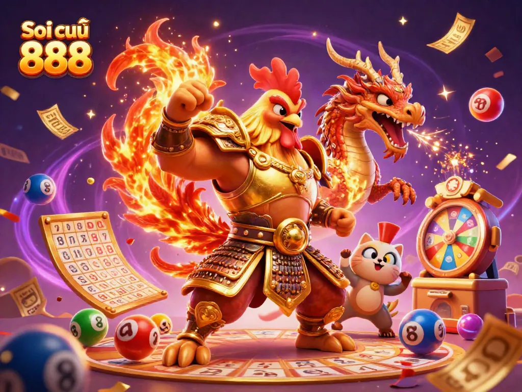 Energize your play with Soi cầu 888, showcasing a dynamic lottery-themed scene filled with color.