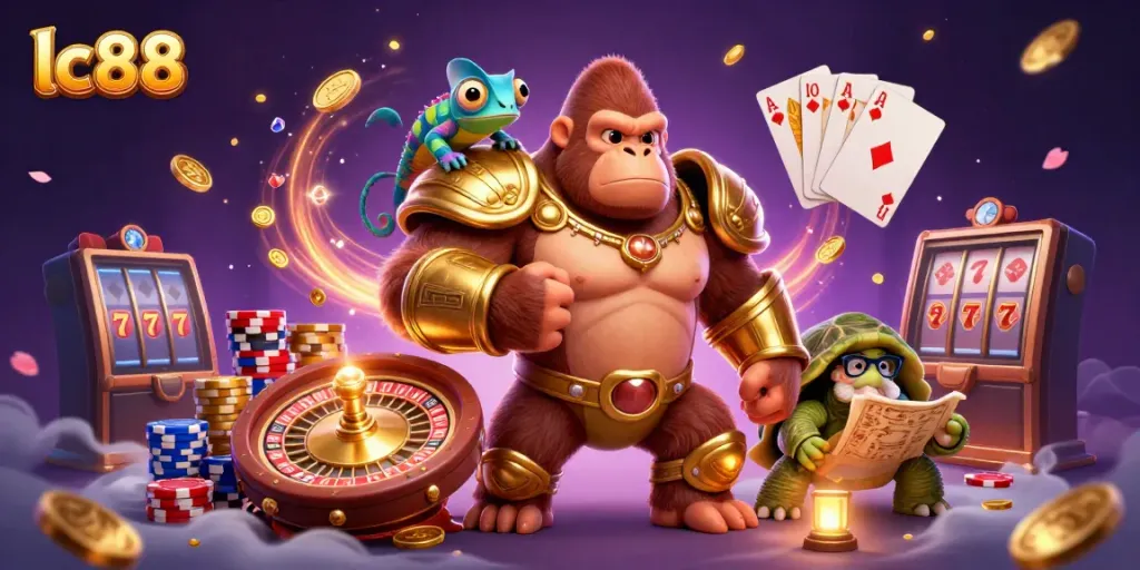 Experience lc88's vibrant casino world with a gorilla king, chameleon spy, and treasure.