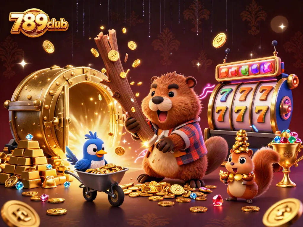 Win big at 789club with the vibrant casino-themed illustration featuring a cartoon beaver and golden treasures.