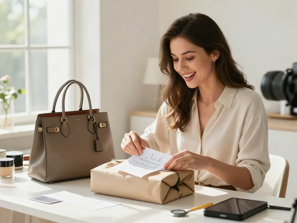Luxury Bags unboxing experience, premium quality, online shopping, product highlight, e-commerce.