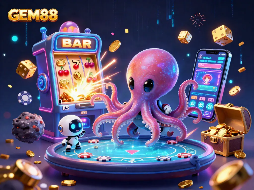 Experience GEM88's thrilling casino universe with a dynamic holographic poker scene.