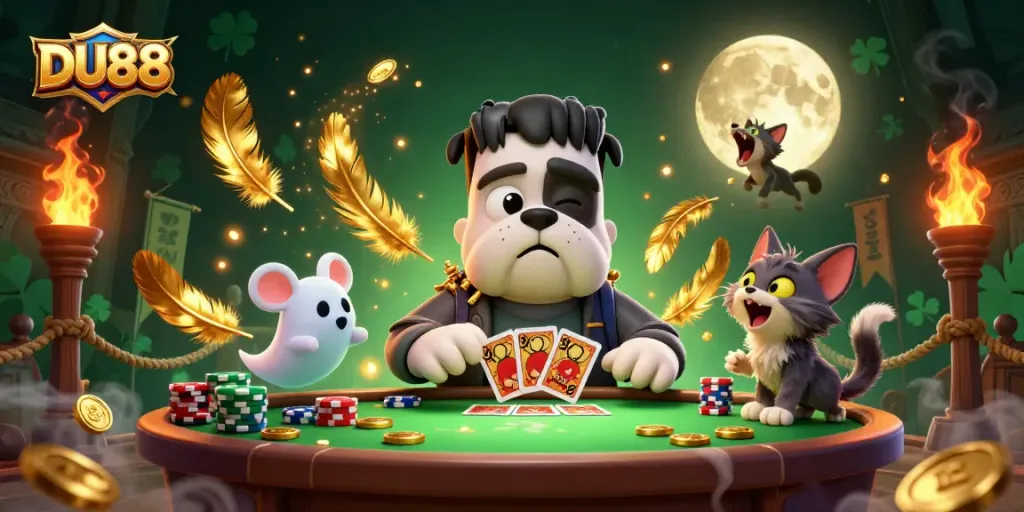 Deal cards at DU88's eerie table with Frankenstein bulldog and ghost mouse in a vibrant casino