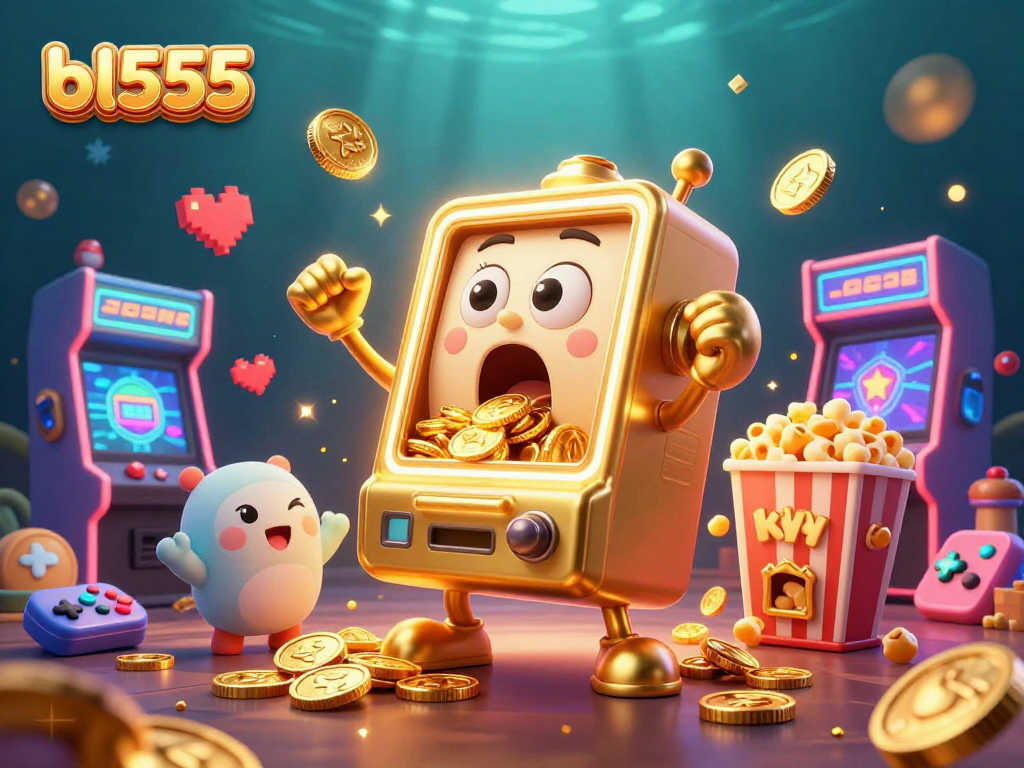 Experience thrilling jackpots with bl555's animated slot machine scene, rich in vibrant gaming elements.