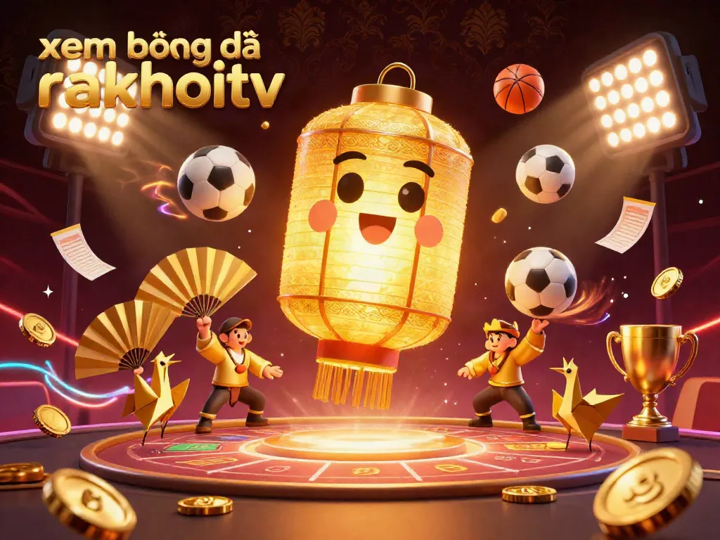 Experience xem bóng đá rakhoitv in a vibrant casino scene filled with flying sports elements and golden motifs.