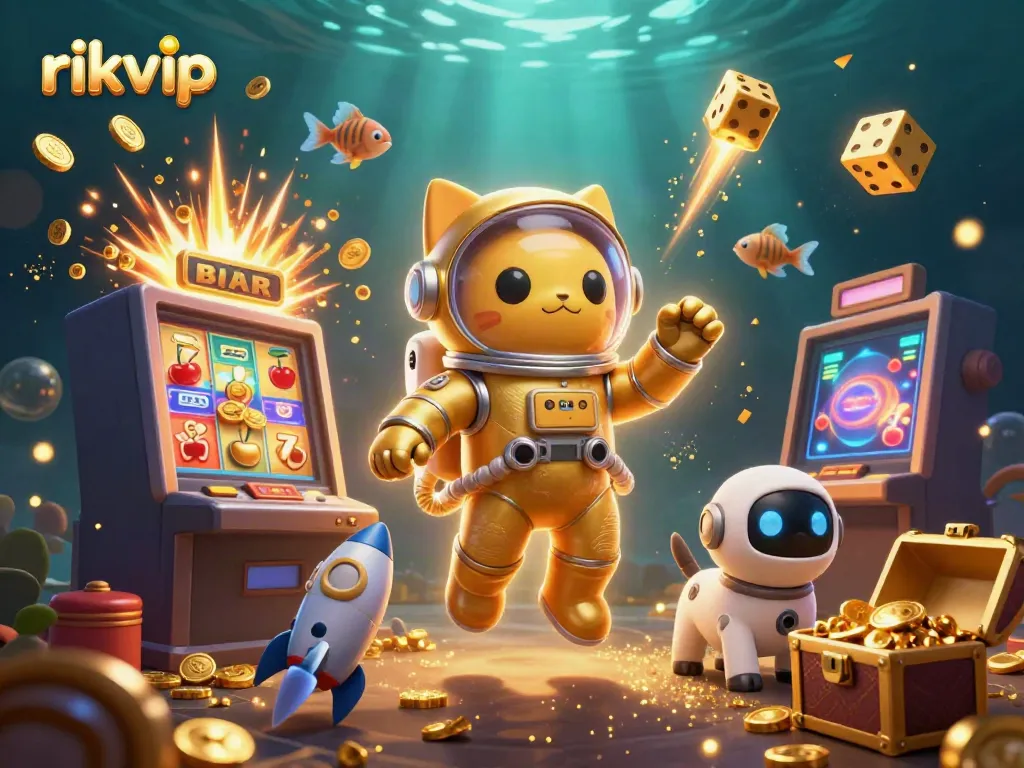 Play exciting games at rikvip with a dynamic 3D illustration of an astronaut cat and slot machine bursting with coins.