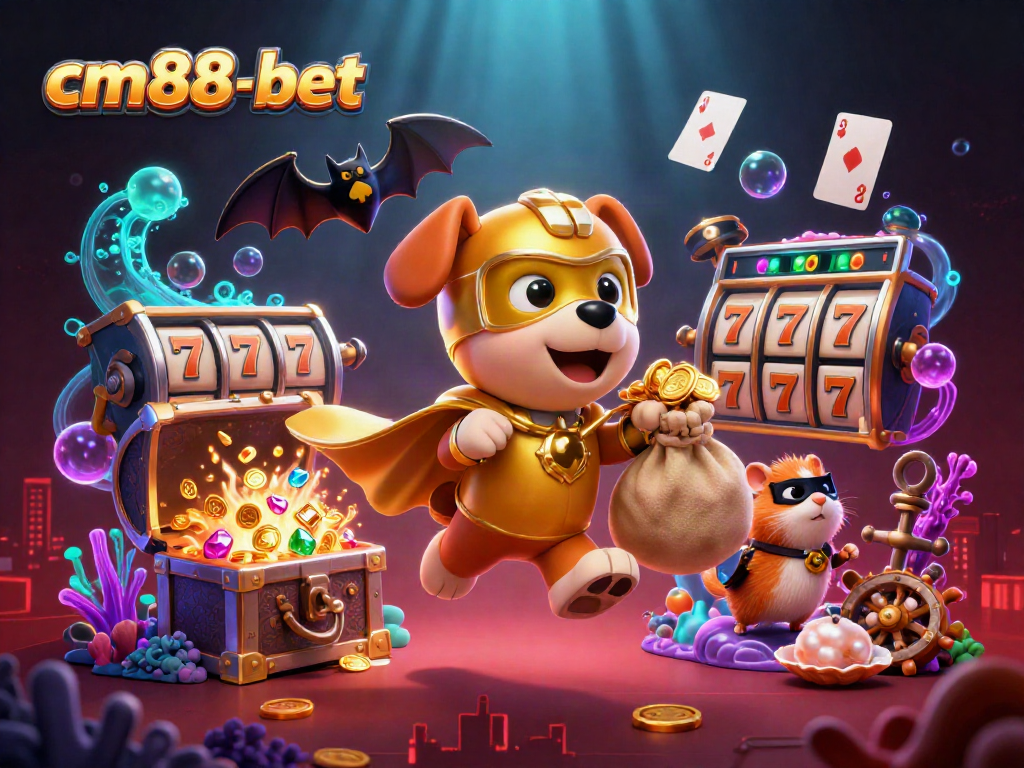 cm88-bet showcases vibrant 3D casino art with superhero characters and slot machines.