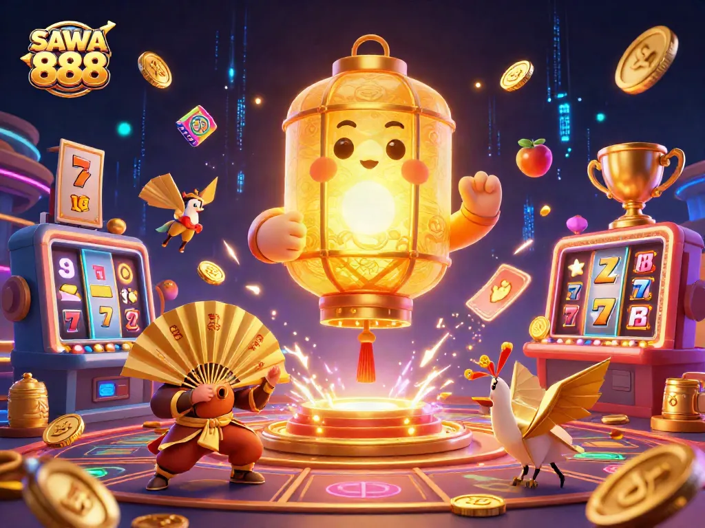 Spin the exciting SAWA 888 slot machine with vibrant lucky symbols in a captivating casino scene.