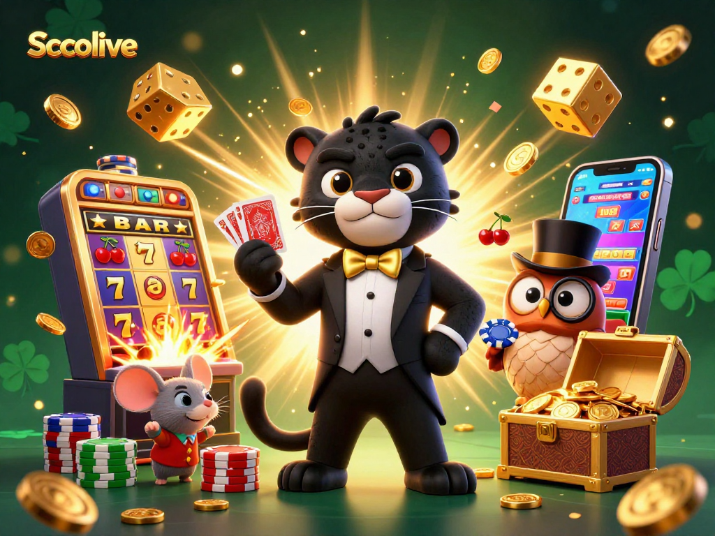Socolive showcases a vibrant 3D scene with a stylish panther dealing cards amidst an exciting casino environment.