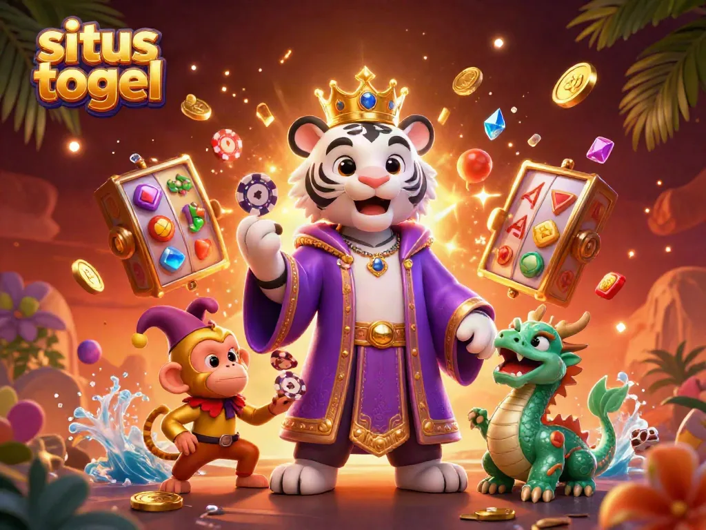 Gambarkan situs togel dengan singa putih bermahkotakan jester dan naga giok, dikelilingi jackpot berkilau