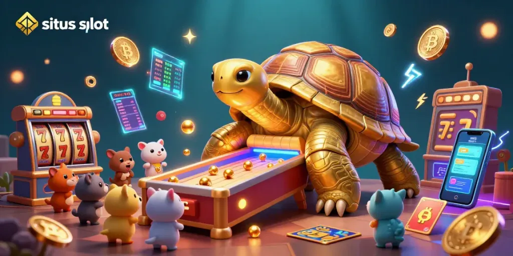 Situs slot illuminated with a colossal tortoise pinball machine, charming animal players and colorful slot symbols.