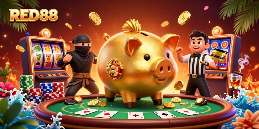 Experience the excitement of gaming with RED88 as characters come alive at a vibrant casino table.