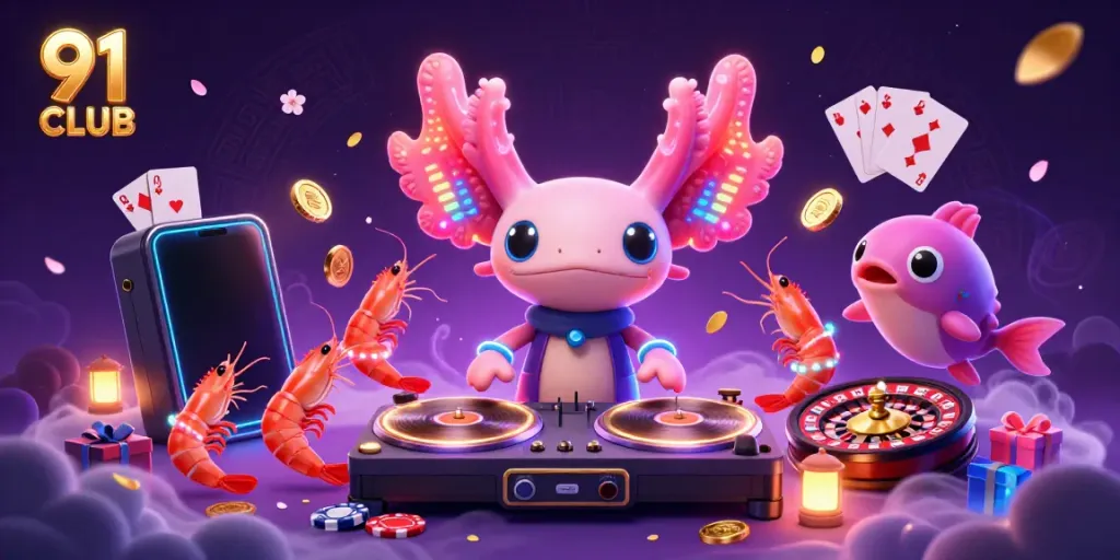 Engage with the vibrant world of 91 CLUB featuring a neon axolotl DJ and colorful gaming elements.