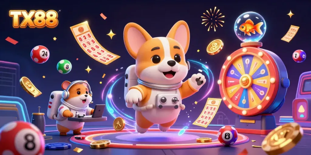 Engage with TX88 through vibrant gaming action in a dynamic space casino scene.