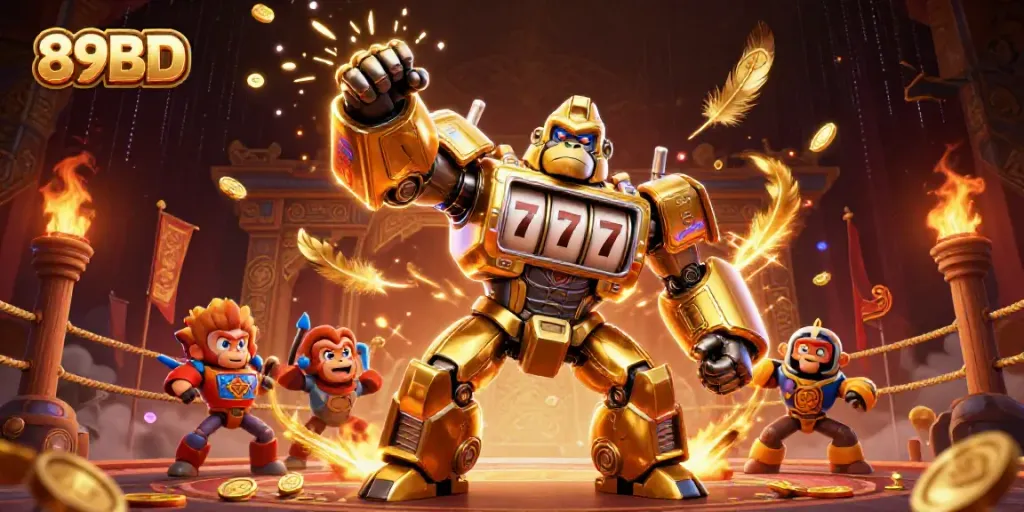 Engage with 89BD's gaming excitement in a vibrant 3D casino illustration featuring a transformer gorilla mech.