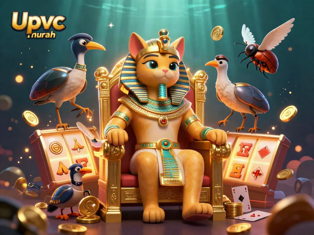 Experience thrilling gameplay with Upvc murah inspired slot reels, golden coins, and vibrant gambling elements.