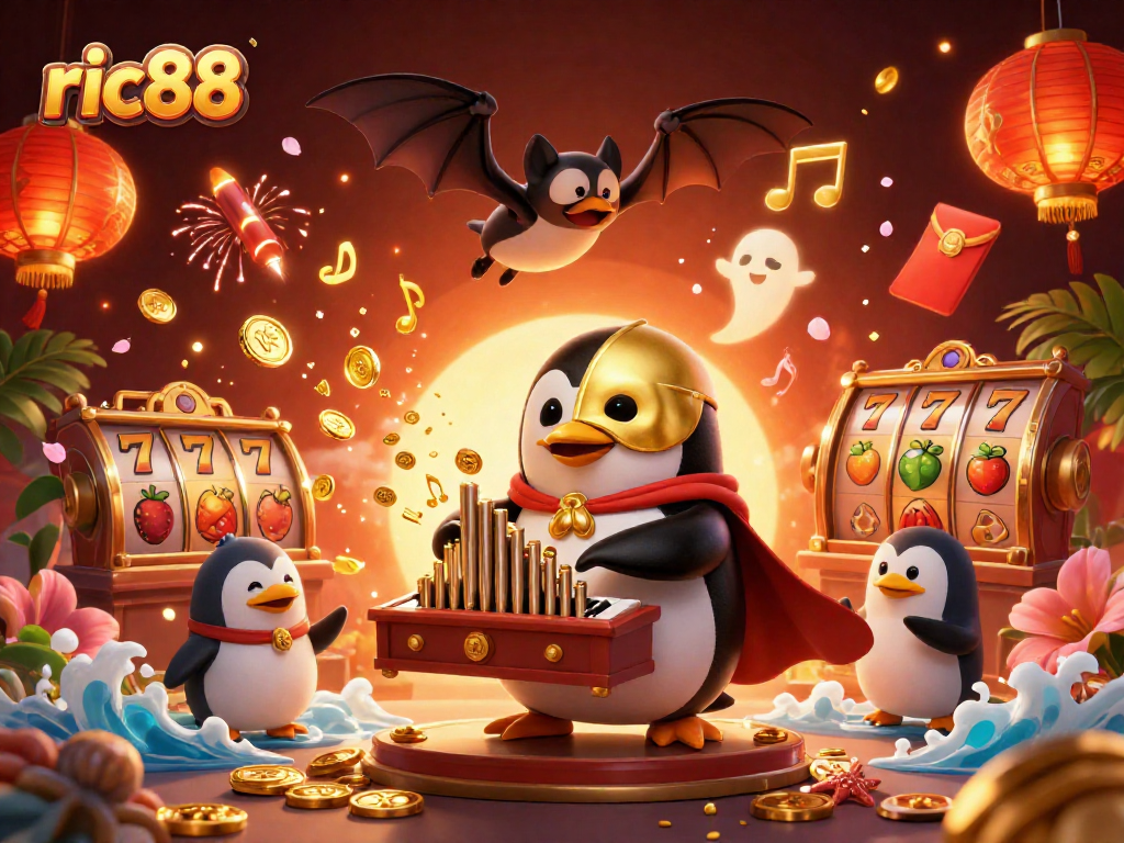 Join ric88 for a festive gaming experience with 3D characters celebrating wins amidst golden coins and slots.