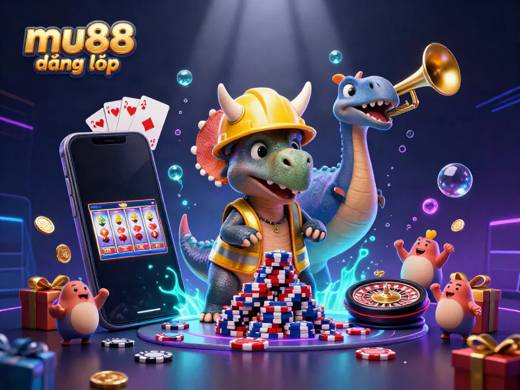 Experience thrilling mu88 đăng nhập action in vibrant 3D graphics featuring playful dinosaurs surrounded by casino elements.