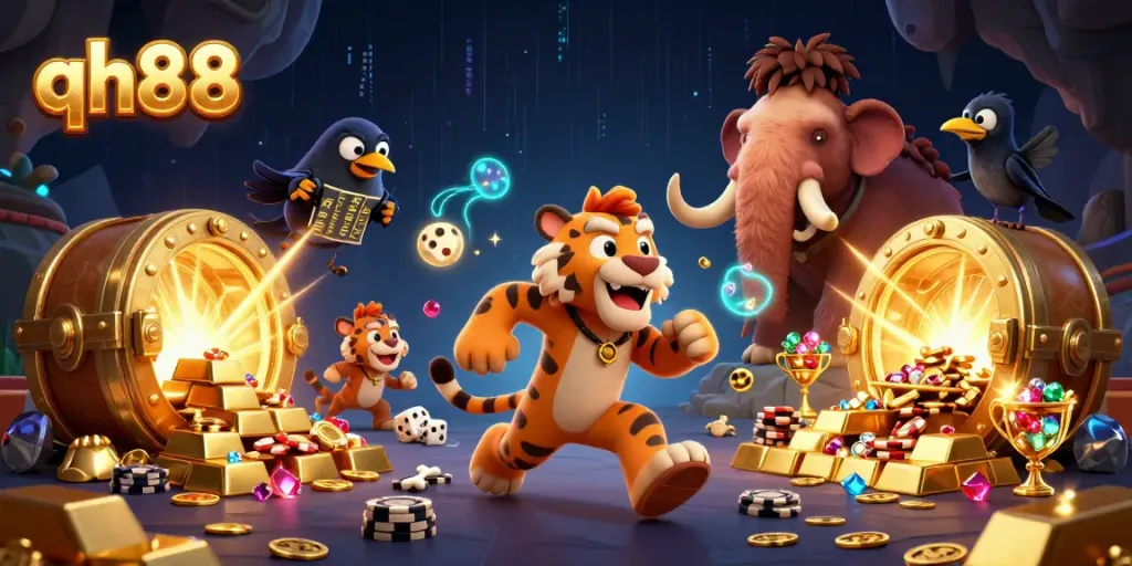 Engaging in thrilling games at qh88 casino featuring lively characters and gold treasures.