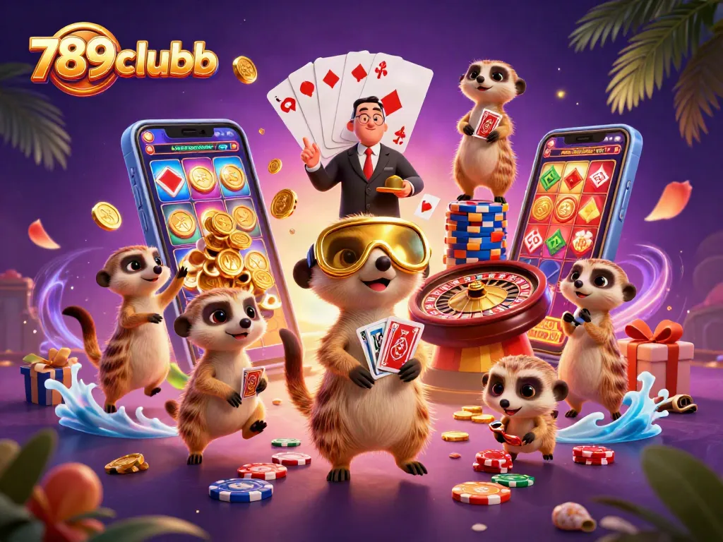 Engage with 789clubb as meerkats run a vibrant casino with dynamic gaming elements illustrated in vivid detail.