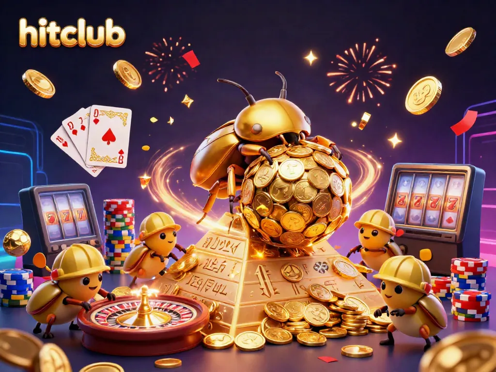 Engage in the thrilling world of hitclub as a golden beetle rolls coins up a pyramid surrounded by casino games and excitement.
