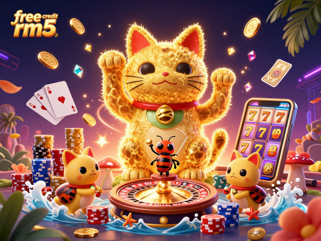 Engage with the vibrant scene of free credit rm5 showcasing a playful lucky cat and immersive casino elements, igniting player excitement.