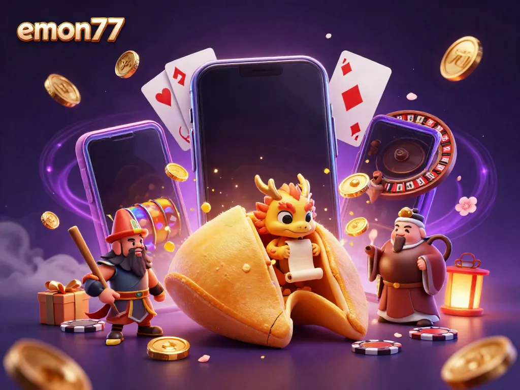Experience thrilling gameplay with emon77 showcasing casino excitement in a magical 3D illustration.