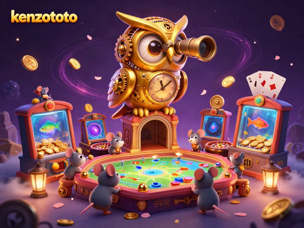 Kenzototo fish shooting game scene with a golden owl observing players and vibrant game elements.