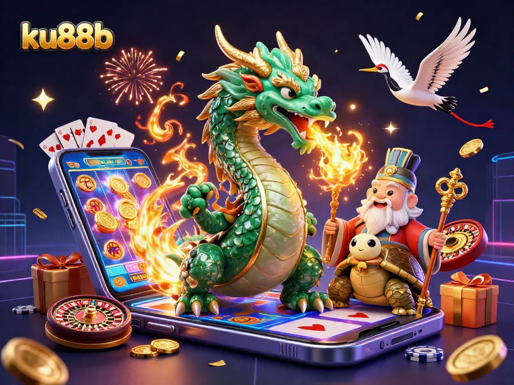 Experience the excitement of ku88b's online gaming with a vibrant dragon, turtle sage, and lucky cranes.