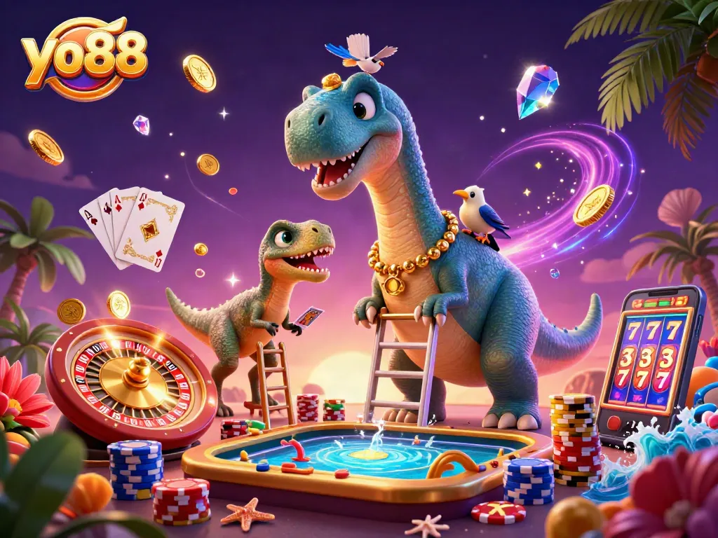Yo88 engaged in a thrilling casino scene with brontosaurus and raptor showcasing card games.
