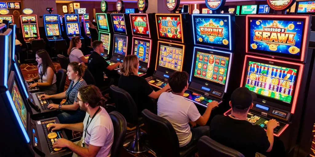 Group enjoying the thrill of slot gacor gampang menang at a colorful casino gaming floor.