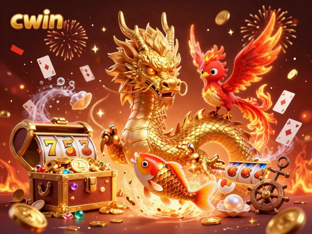 Experience thrilling game action with cwin's vibrant dragon and phoenix casino illustration.