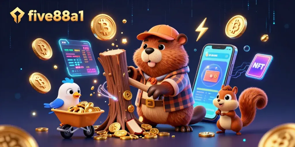 Engage with five88a1, where a beaver and friends celebrate casino wins with gold coins and crypto!